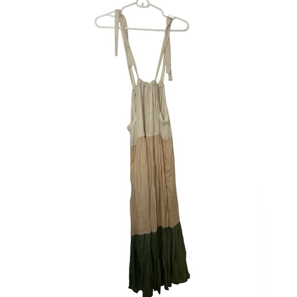 Luxology Tan, Cream, Green Colorblock Tiered Tied Straps Maxi Dress Medium - Picture 2 of 8